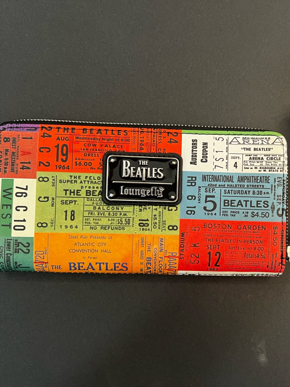 The Beatles Colorful Ticket Print Zip Wallet Case with Black Plaque
